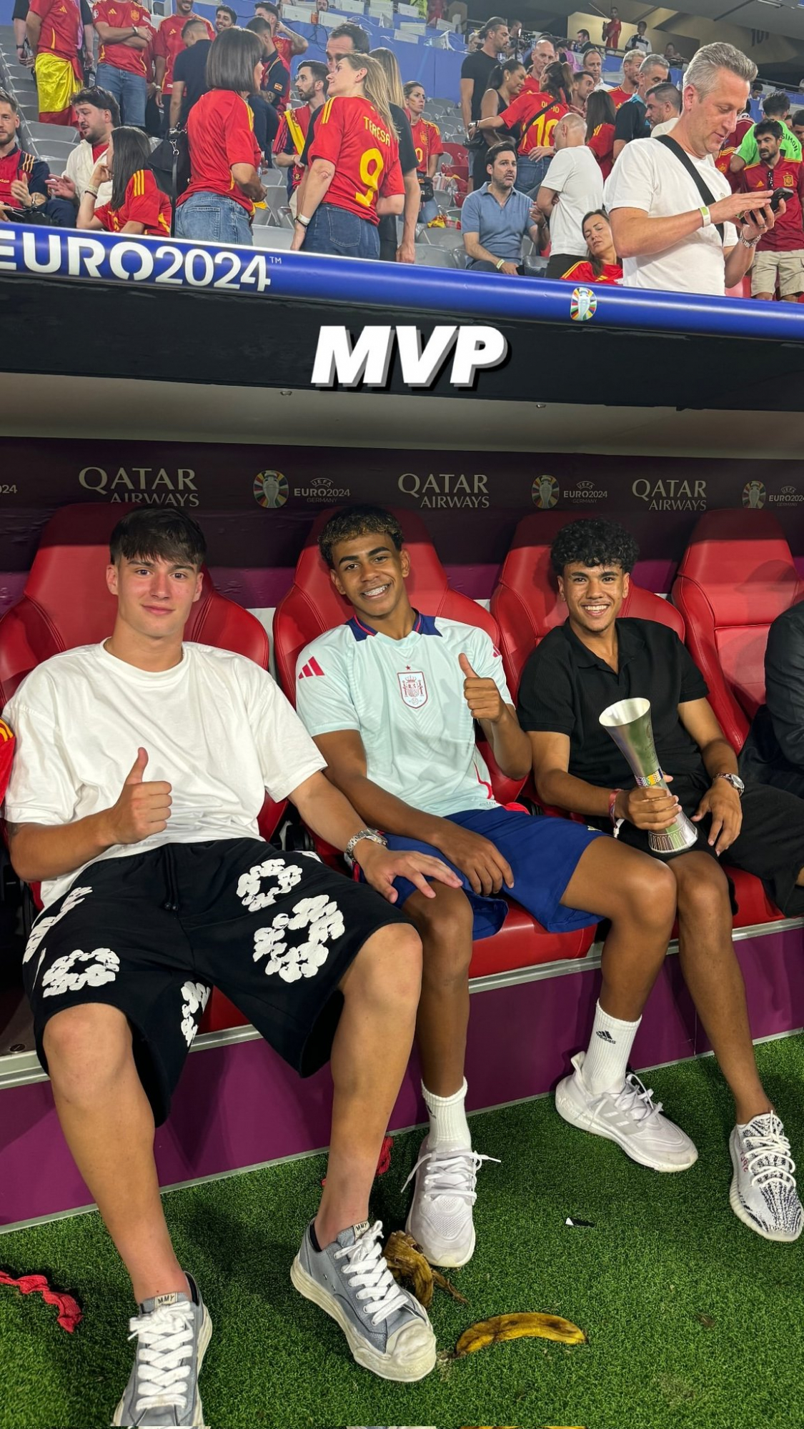 Aznou and Javier Fernández, also a Bayern youth player, pose with 'MVP' Yamal after Spain eliminated France in the Euro semi-finals.