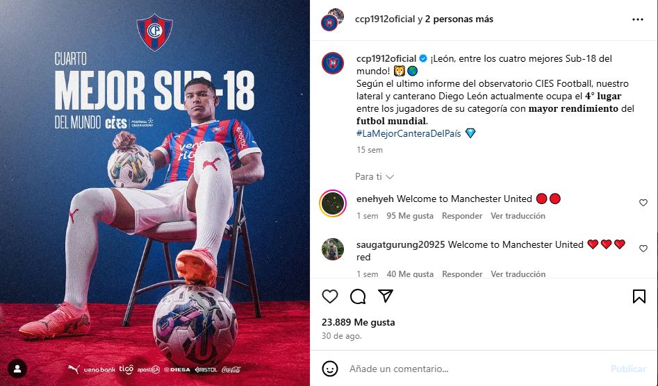 Cerro Porteño celebrates the nomination of Diego León by the CIES as the fourth best under 18 in the world.